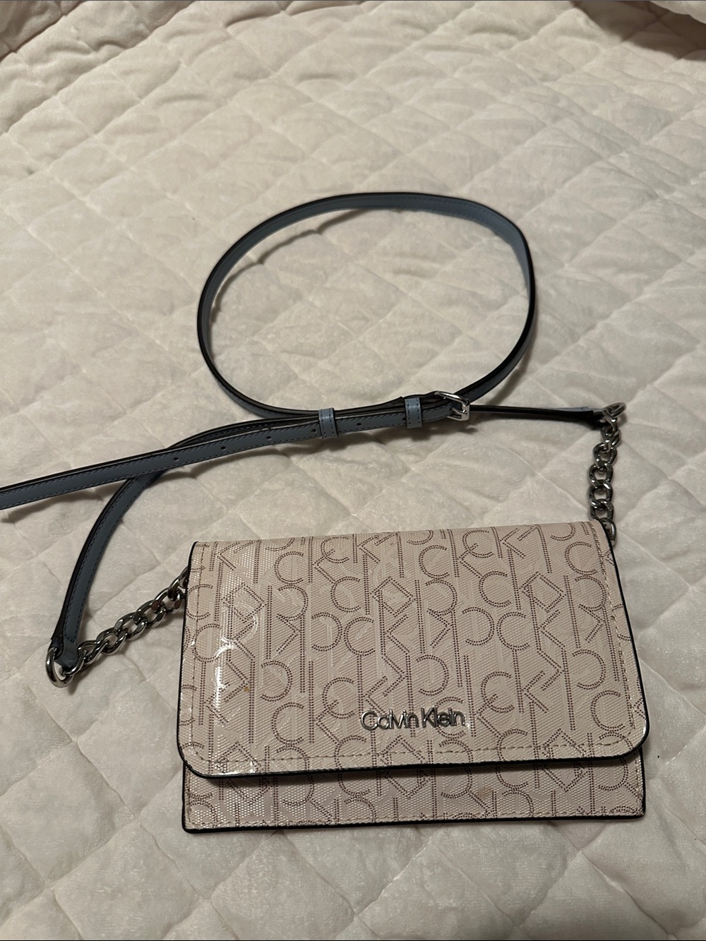 Calvin Klein Tan Monogram Crossbody Bag with Chain Strap
